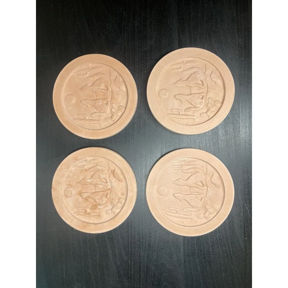 Vintage Southwest Terra Cotta Coyote Desert Scene Coasters Set of 4 Cork Back